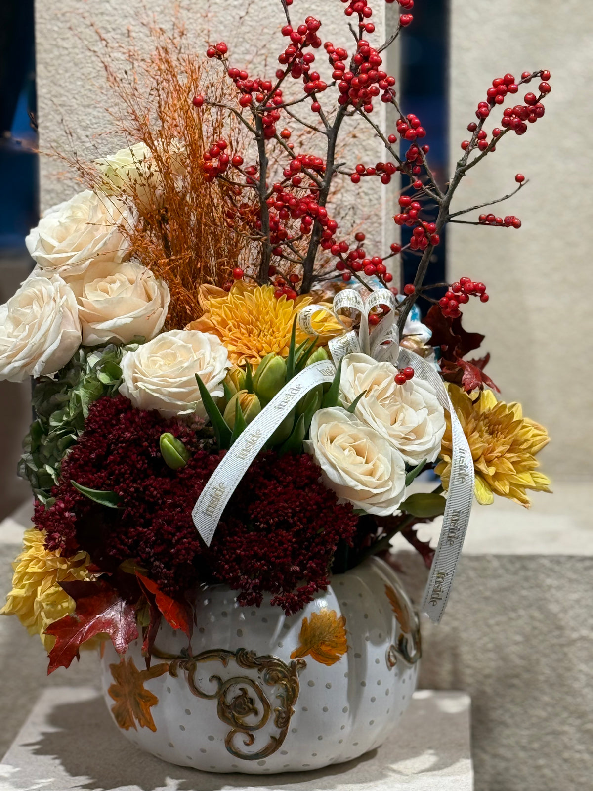 White Pumpkin with Flowers