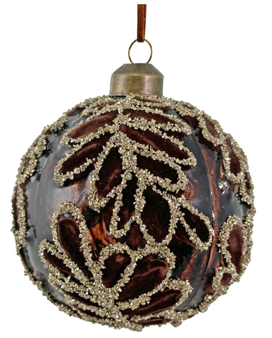 Shishi - Glass ball leaves brown transparent velvet and silver glitter - 69675