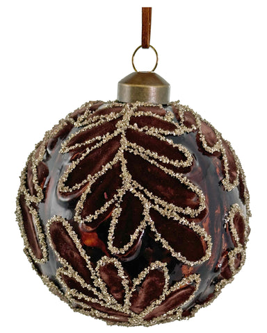 Shishi - Glass ball leaves brown transparent velvet and silver glitter - 69676